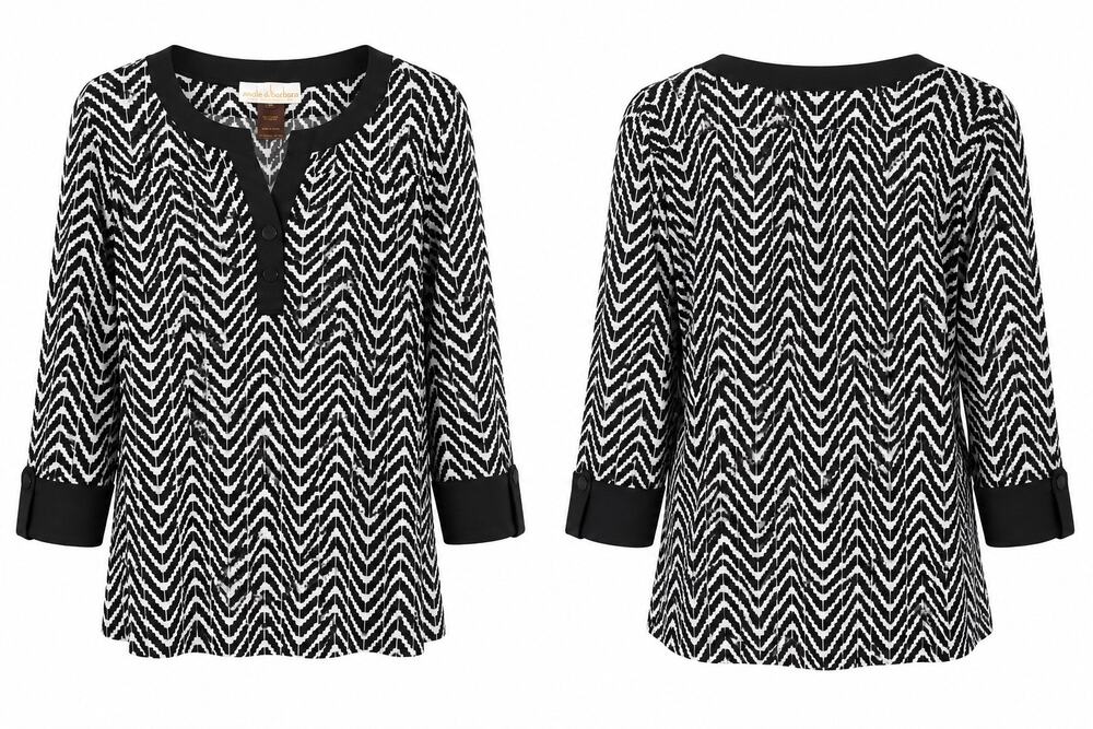 Andie & Barbara Women’s Medium Black White Chevron Print 3/4 Sleeve Blouse Top M
